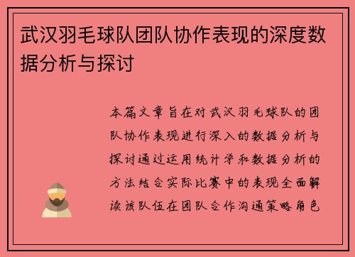 武汉羽毛球队团队协作表现的深度数据分析与探讨
