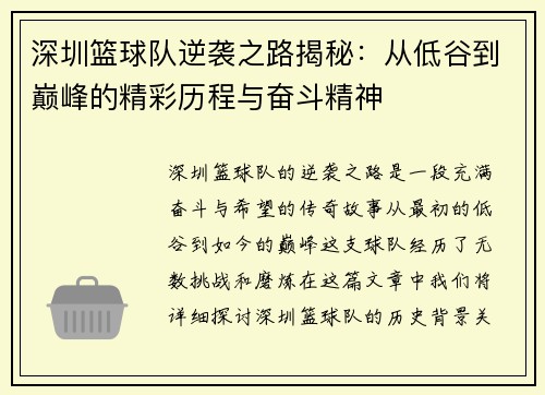 深圳篮球队逆袭之路揭秘：从低谷到巅峰的精彩历程与奋斗精神