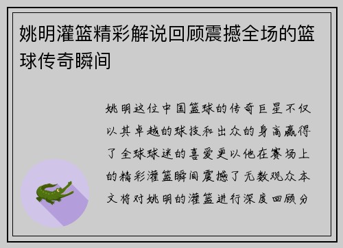 姚明灌篮精彩解说回顾震撼全场的篮球传奇瞬间